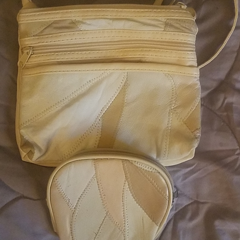Cream colored patchwork leather bag and wallet
